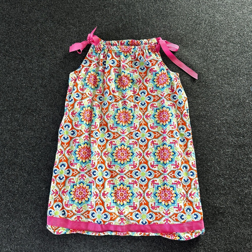Hanna Andersson Girls Pink Medallion Ribbon Tie Dress Size 120 6 7 Cotton
